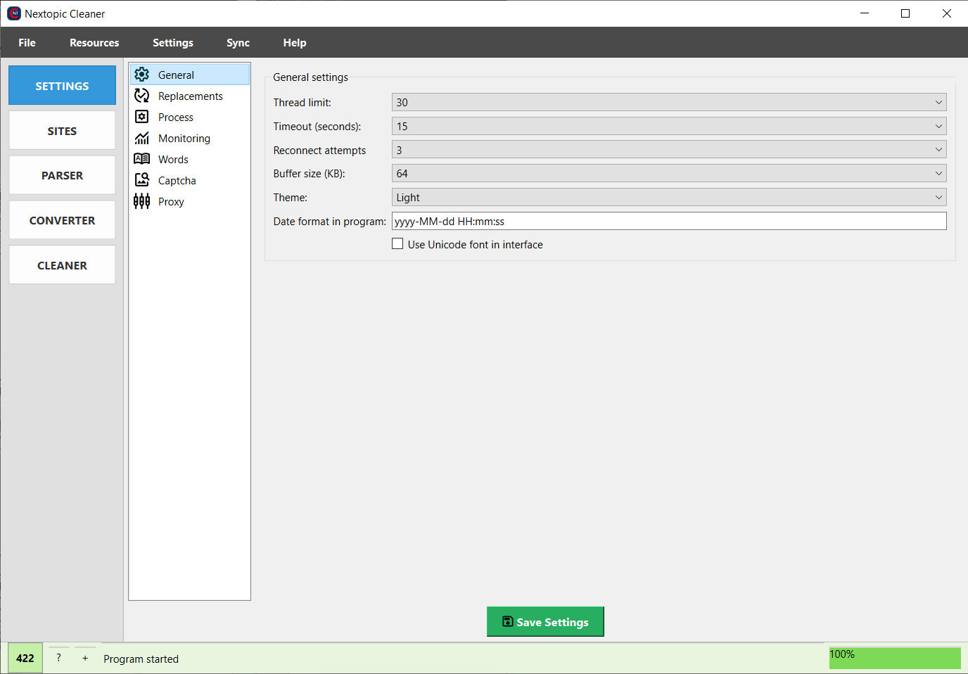 Основные настройки программы